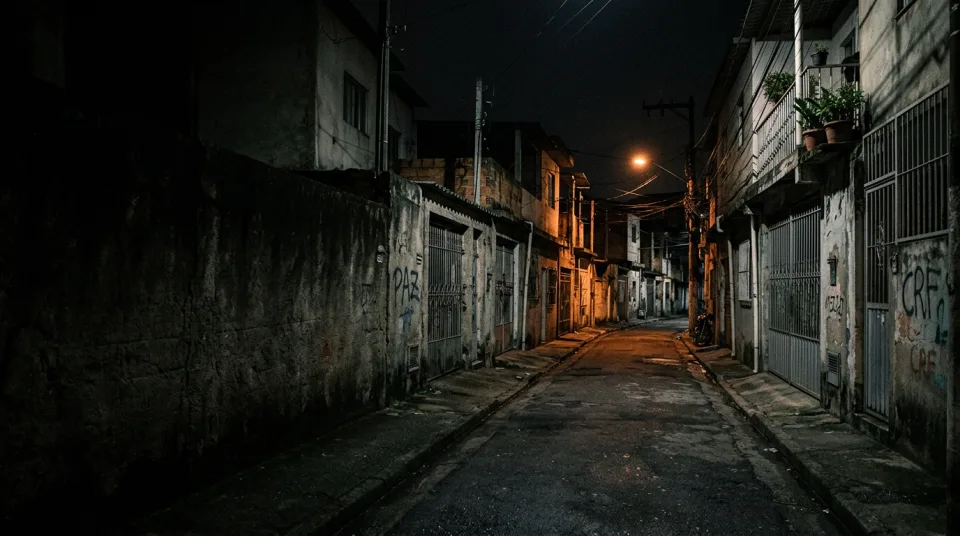 Rua residencial brasileira à noite — baixa visibilidade e pontos cegos