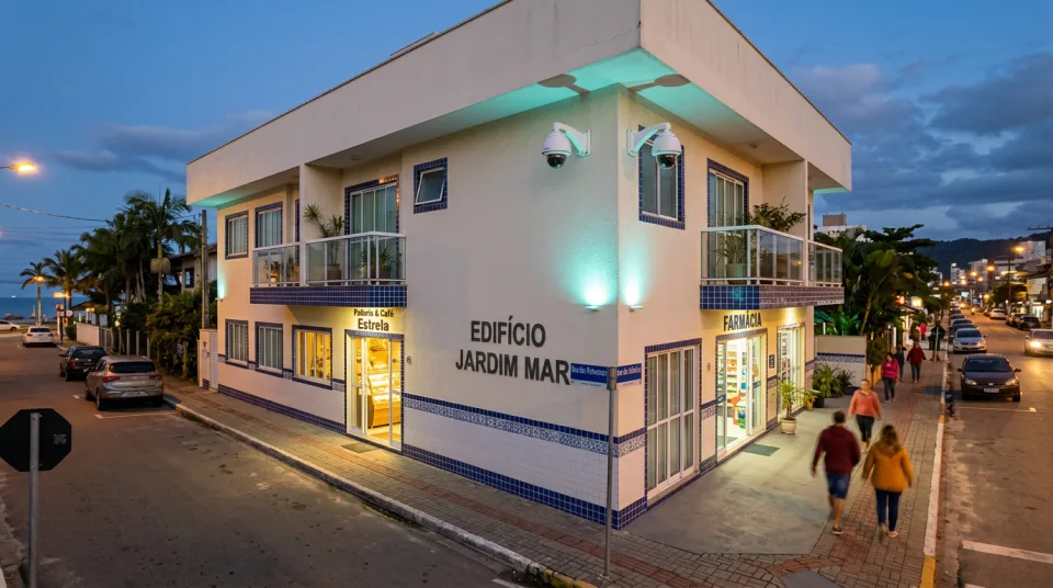 Fachada com câmeras de segurança — cenário urbano brasileiro